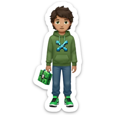 a 14 year old slightly tanned teenage boy with dark brown tousled wavy hair, dark brown eyes wearing a green tshirt, a dark green minecraft hoodie, blue jeans and green nike air jordans sticker