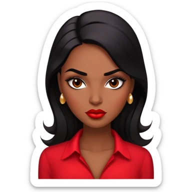 Glamorous woman with deep brown skin, defined features, expressive dark eyes, thick eyebrows, full lips with red lipstick, sleek black hair, wearing a red blouse sticker