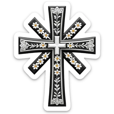 a black and white detailed cross with flowers over lapping sticker