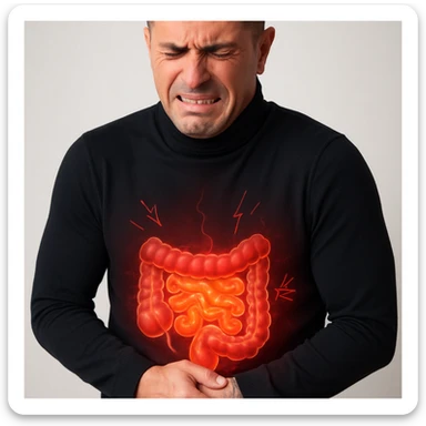 Realistic style image of a man with an expression of pain and discomfort, focus on the abdomen. Highlight the inflamed and painful intestine with visual effects such as redness, glow, and inflammation symbols. Neutral background. sticker