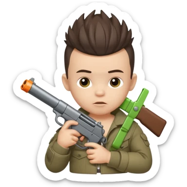 Brunette male newborn baby with Mohawk hair and gun sticker
