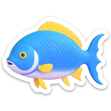 friendly blue fish with textured scales, looking forward, white cap with Pescadería Buenos Aires logo sticker