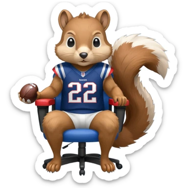 gaming chair with a squirrel sitting on it wearing patriots jersy sticker