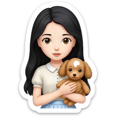 beautiful girl with long straight black hair wearing a white skirt holding a small brown curly teddy dog sticker