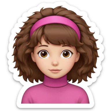 brown fluffy haired girl with pink turtleneck sweater and hair band sticker