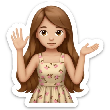 fake costumer loyalty, girl that doesn't care, she is like whatever, brown long hair, cute dres and her hand showing like i dont care whateve sticker