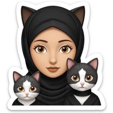 A Arabic woman human with brown eyes and black hijab. , the human is a human, two cats, the both cats is blackwhite,,  NO CAT EARS ON THE HUMAN ,  sticker