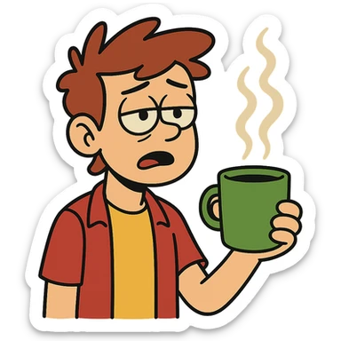 coffee cup with steam shaped like rising candlesticks, flat modern style, bright saturated colors greens golds reds, minimal but expressive, universal look sticker