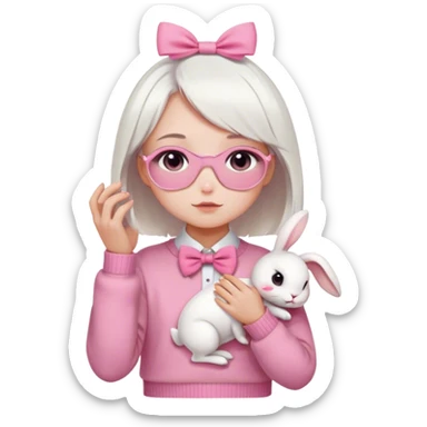 Create a human emoji of a girl with short white hair that covers her eyes only from the front, wearing a pink bow tie in the middle of her hair, wearing a pink sweater and white pants. Holding a white rabbit with pink eyes. sticker