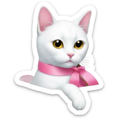 white cat with pink ribbon in a box sticker