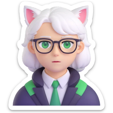 An anime guy with white hair, white cat ears, green eyes, and glasses, only head sticker