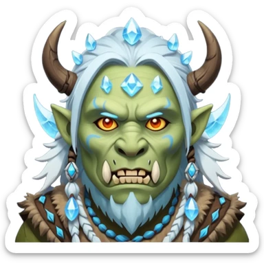 Fantasy Christmas orc shaman icon, ice spirit magic theme, glowing runes, winter tribal mask elements, mystical cold atmosphere, emoji sized portrait, male/female variant sticker