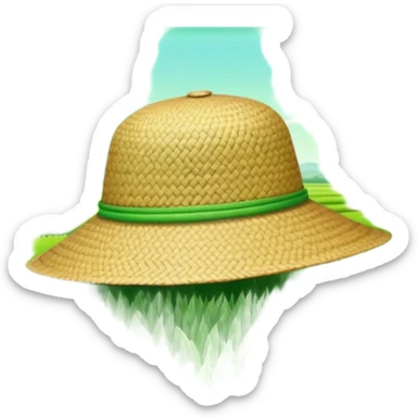 Cinematic Realistic image of a traditional rice farmer's hat, crafted from woven natural fibers with delicate texture details, set against a lush backdrop of vibrant green rice paddies under gentle, early morning light that evokes rural tradition. sticker