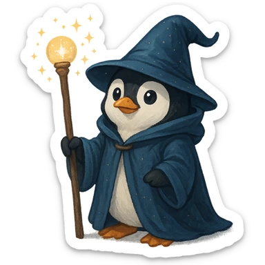 penguin wizard holding a staff wearing a pointed hat with magical sparkles sticker
