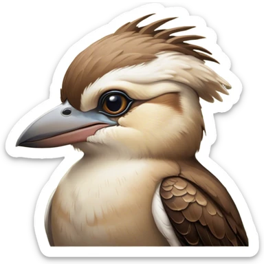 Cinematic Noble Kookaburra Portrait Emoji, Poised and regal, with a stout, robust build and a striking plumage of earthy browns and creams, a strong beak and deep-set soulful eyes, Simplified yet sharp and sophisticated features, highly detailed, glowing with a soft, dignified glow, high shine, intelligent and exuberant, stylized with an air of native woodland majesty, focused and attentive, soft glowing outline, capturing the essence of a watchful and confident bird, so majestic it feels as though it could laugh out of the screen with effortless authority! sticker