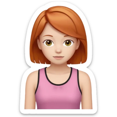 Create emojis of a girl with ginger hair and a hime haircut, gray eyes. She's wearing a pink tank top and a brown sweatshirt. sticker