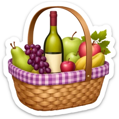 Food Basket, Pink basket, plaid lining, with both food, drink and fruits sticker