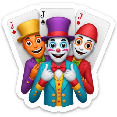 3 poker cards, with crazy colorful human jolly jokers inside, face and torso only sticker
