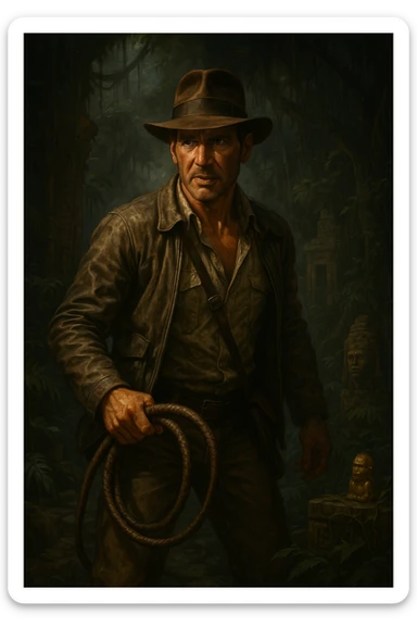 Indiana Jones, adventurous archaeologist with fedora and whip, cinematic style, dramatic lighting, detailed environment sticker