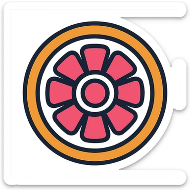 Create an alternate version of the grapefruit icon as a planetary gear ring. Make the center circle even larger to represent the main bearing. The pink segments should look like planetary gears arranged around the center. Minimize the white portion between the pink segments and the orange peel. Keep the circular shape with a medium black border and white background inside the circle. The outside should be transparent with no sky or outdoor elements. Use the color outline icon style. sticker
