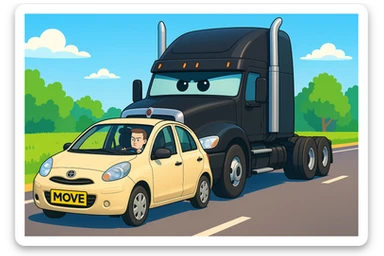 Make the entire scene brighter and more vibrant, keep the black semi truck without a trailer and a person in the car in front. sticker