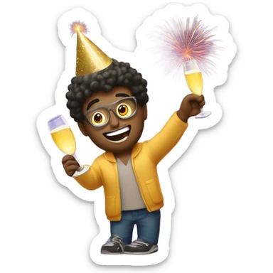 A dude celebrating new year, with a party hat that says 2025 and a glass of champagne in his hands, and add fireworks in the background sticker