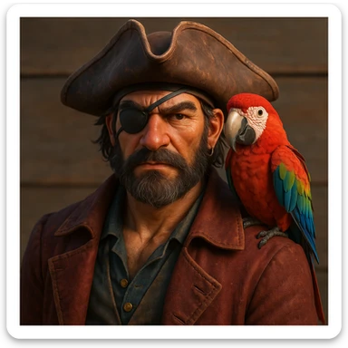 3d illustration of a pirate with eye patch and parrot sticker