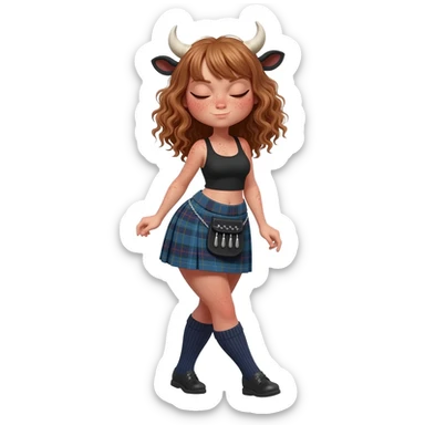 buff curly woman with frecles with light brown messy hair with straight bangs covering her eyes with brown cow tail with strong fat thights with cow horns and cow brown ears with big butt in a short scottish kilt and with knee socks and shoes stands with crossed legs sticker