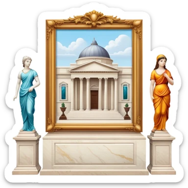 An icon featuring an elegant art gallery with classic paintings hanging on the walls, and sculptures displayed on pedestals. Visitors admire the exhibits, capturing the essence of culture, history, and art. Set against a transparent background. sticker