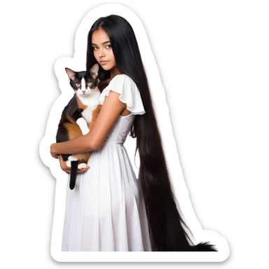beautiful girl with long black hair in a white dress cuddling an Abyssinian cat with reddish-brown fur sticker