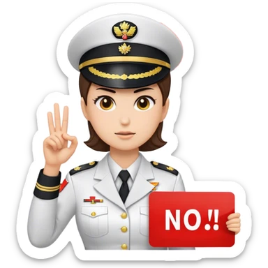 a female general holding a sign that says No sticker