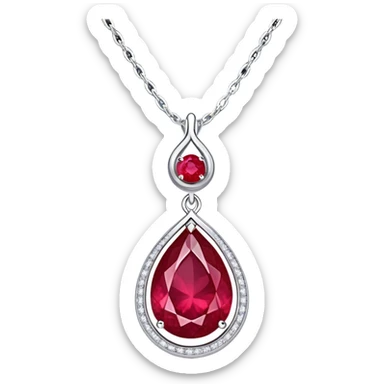 teardrop ruby pendant with delicate silver chain, slightly tilted, inside glowing cosmic embryo surrounded by asymmetrical swirling stardust and fiery trails, radiating ethereal magic sticker