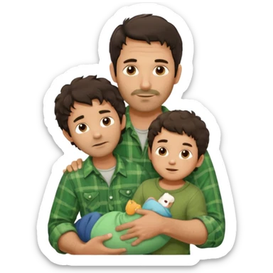 A father with messy medium-length dark hair and light stubble, wearing a green flannel shirt. He holds his child who has short curly brown hair and a cream-colored romper. Cozy warm lighting, authentic family moment. sticker
