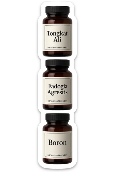 4 boccette di integratore: Tongkat Ali, Fadogia Agrestis, Boron e Zinco fluttuano in aria verticalmente sticker
