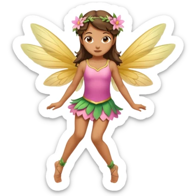 A winged flower fairy girl, wearing a short skirt, one leg straight and the other bent, her body tilted, in a flying pose. sticker