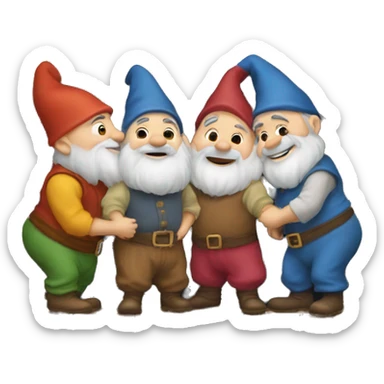 Three dwarfs kissing in front of a house sticker