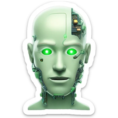 Pastel green bald male cyborg head with goatee and circuitry sticker