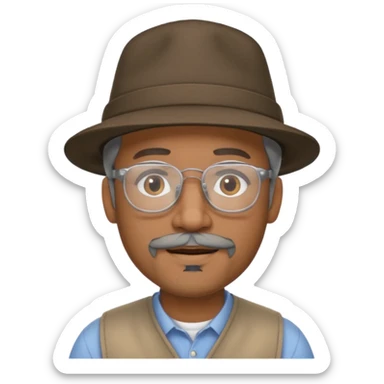 Brown man slightly smiling showing with hat, clear glasses and a gray goatee sticker