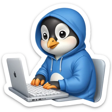 A cute penguin wearing a blue hoodie typing intensely on a laptop keyboard sticker