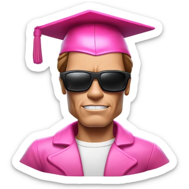 Schwarzenegger-like Terminator, upper body only, wearing his iconic clothes in pink, with a pink graduation hat (it's must have), looking more human with minimal robotic details, and wearing dark sunglasses. sticker