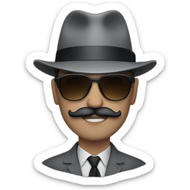 a man in gray clothes wearing a black hat, sunglasses and a moustache sticker