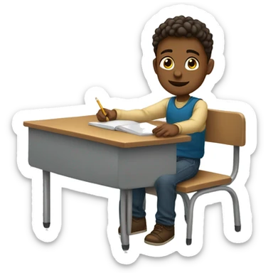 boy is sitting at school desk, hand is raised sticker