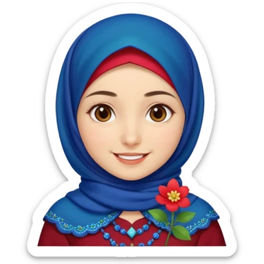 Turkish beautiful finish Konya girl brown eyes white skin with red blue indigo green mini flowers hijab and brown islamic dress and smiles sticker