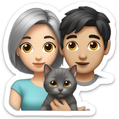 mixed couple black hair brown eyes holding grey kitten sticker