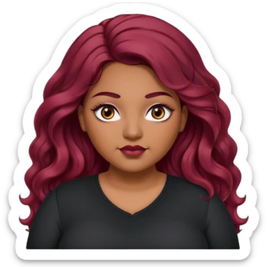 Plus size red hair brown face small eyes long hair Asian eyes small eyes wavy hair eye lashes burgundy hair black shirt sticker