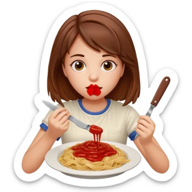Weird girl with brown hair eating pasta holding ketchup and a knife  sticker