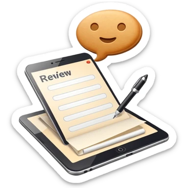 3D icon symbolizing writing a review and sharing opinions, food app context, single object, modern and clean style, soft lighting, isolated, no background sticker