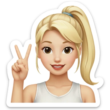 blonde girl with high pony tail hair, winking and making peace sign sticker