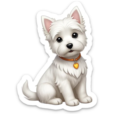 cinematic-[west highland white terrier]-realistic-full-body-sitting-emoji,-tail-resting-loosely-beside-its-paws,-head-tilted-dramatically, dooped ears -wavy-[white-fur,-simplified-yet-realistic-focused-features,-highly-detailed,-glowing-with-an-almost-sarcastic-glow sticker