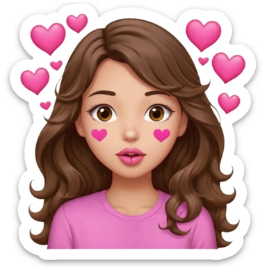 girl with long wavy brown hair, brown eyes, light to medium complexion, in a pink shirt, pink lips, long lashes, puckering up for a kiss, kiss lips and hearts sticker
